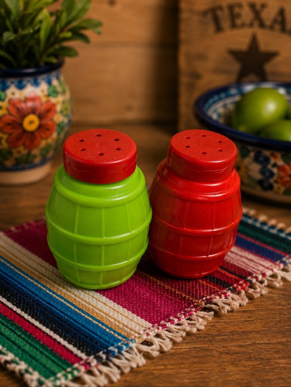 Novelty Barrel Salt & Pepper Shakers - Red and Lime Green